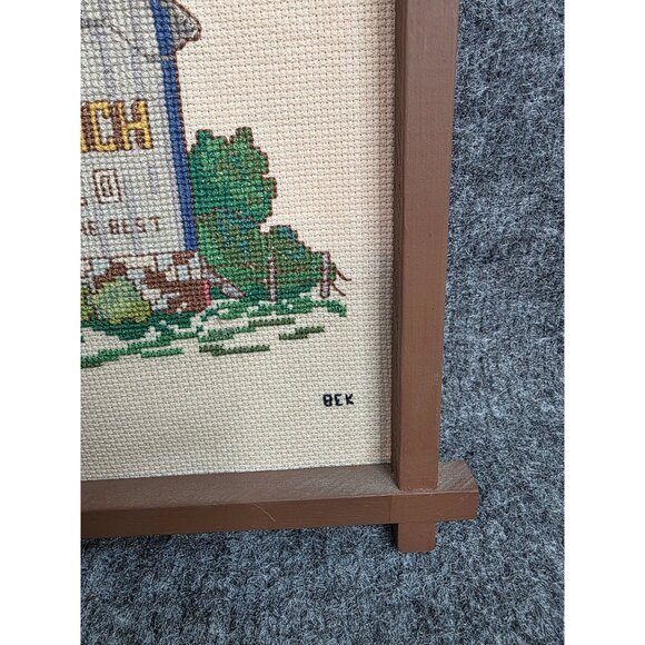Chew Mail Pouch Tobacco Barn Cross-Stitched Wall Art With Frame Signed BEK Vtg - Picture 2 of 6